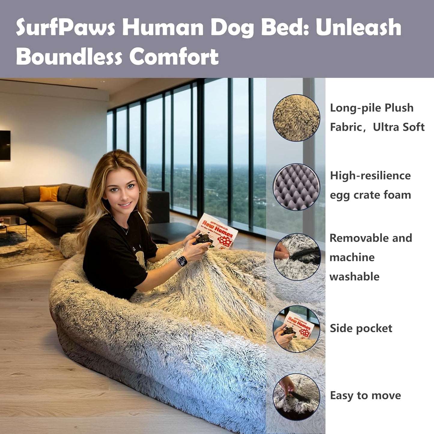 74" Washable Anti-Slip Dog Bed for Adults